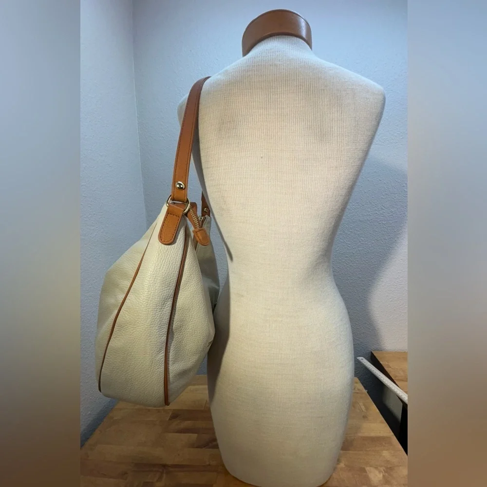 Valentina Italian Leather Hobo Bag Cream & Tan Shoulder Purse